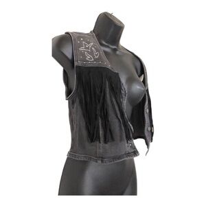 Austin Landing black denim suede fringe studded embellished jean vest size small